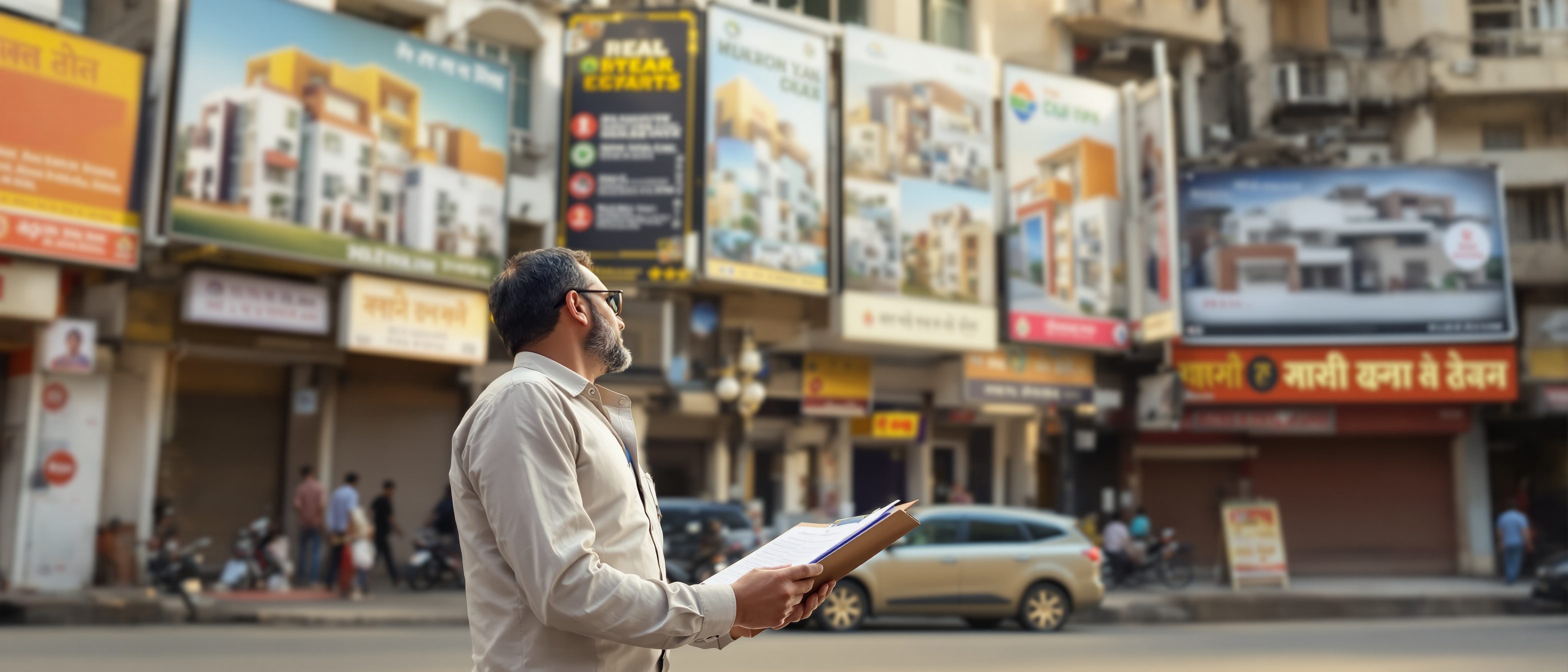 A real-estate professional on a city street with a notebook surveying a row of property hoardings and shopfronts, gathering market and price data on the ground, Indian setting, no readable text.