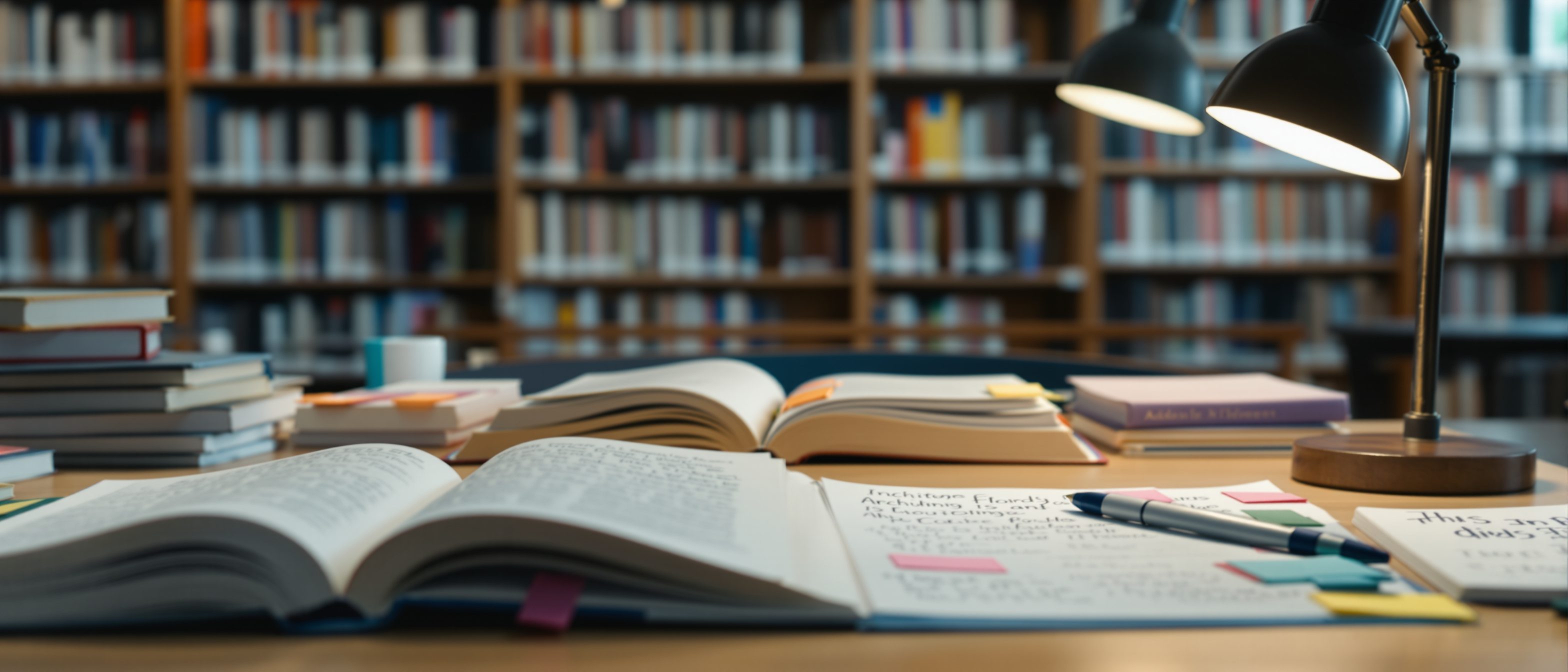 A researcher's desk in a quiet architecture library — open books, a notebook of handwritten notes, sticky tabs and a pen under a reading lamp, the start of an inquiry, no people, no readable text.