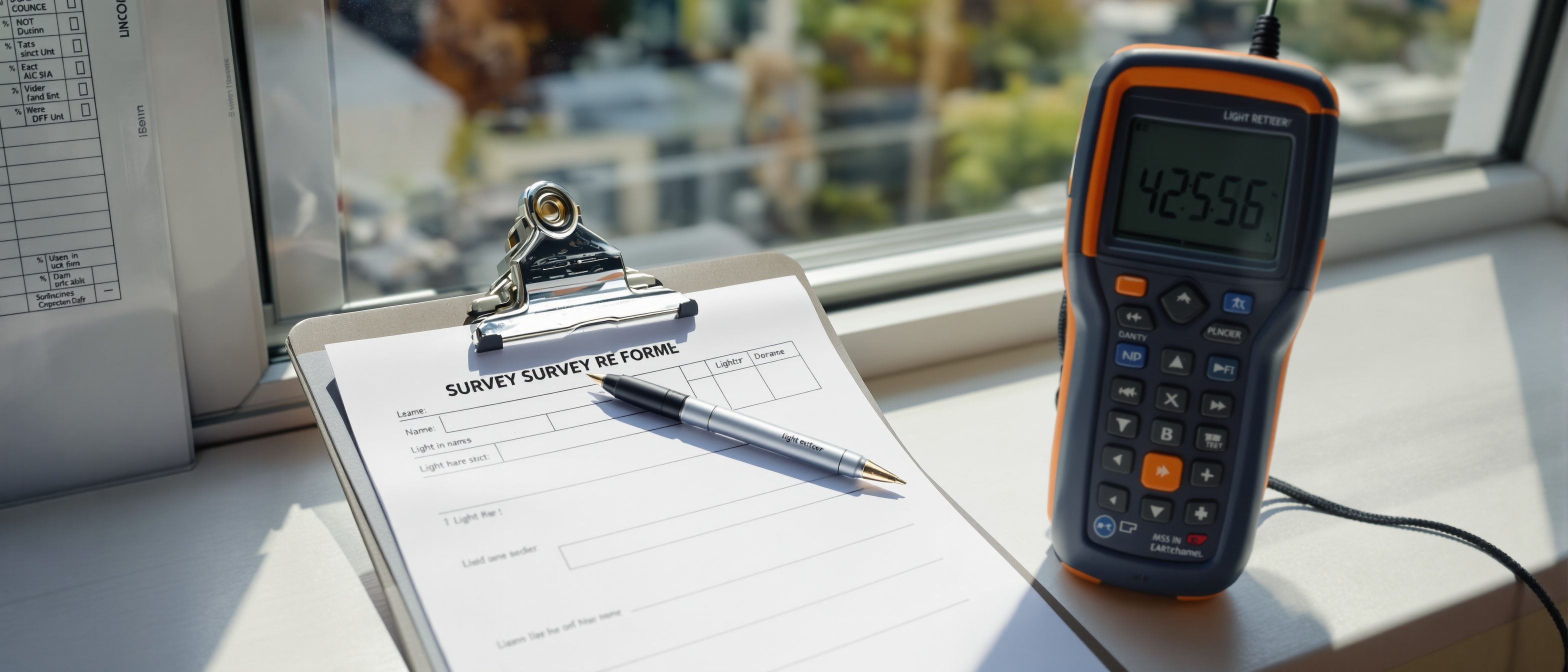 A field-survey clipboard with a printed questionnaire and a pen resting on it, beside a handheld light meter, on a windowsill in a building being studied, no people, no readable text.