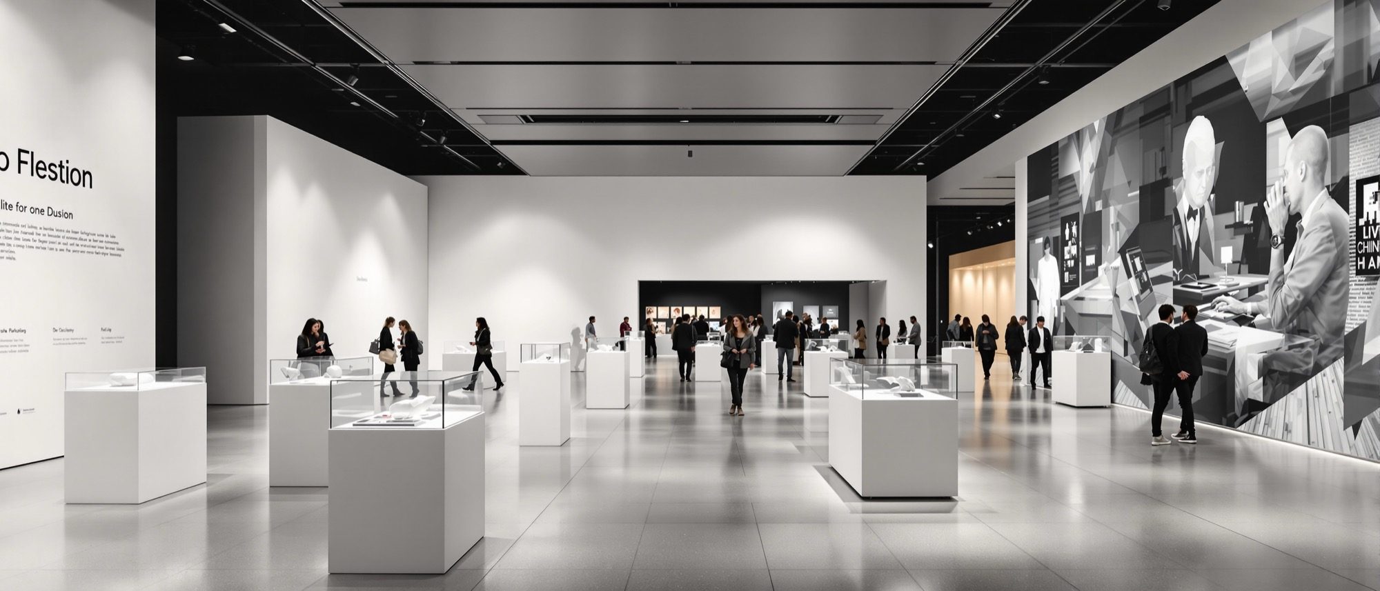 A modern museum gallery — display plinths, glass vitrines, graphic panels and accent light along a visitor route: scenography for a moving audience.