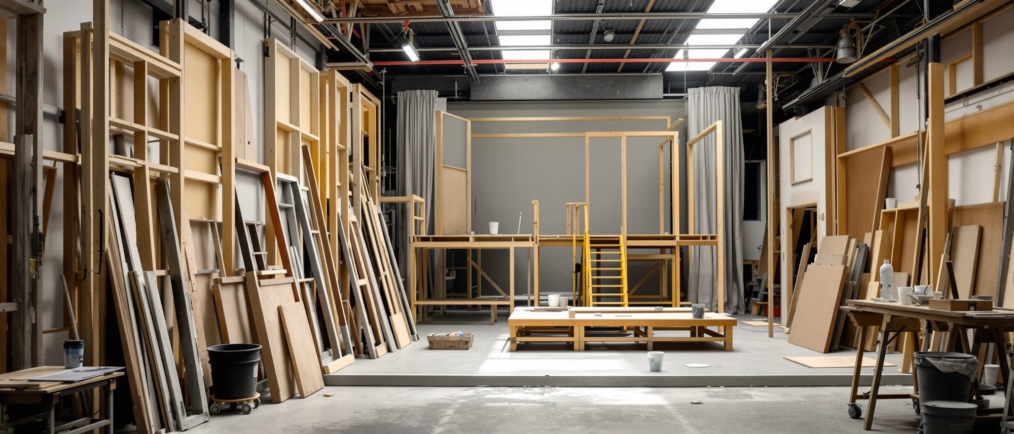 A scenery workshop — timber-framed flats, a half-built platform and a part-painted backdrop: the design becoming a buildable world.