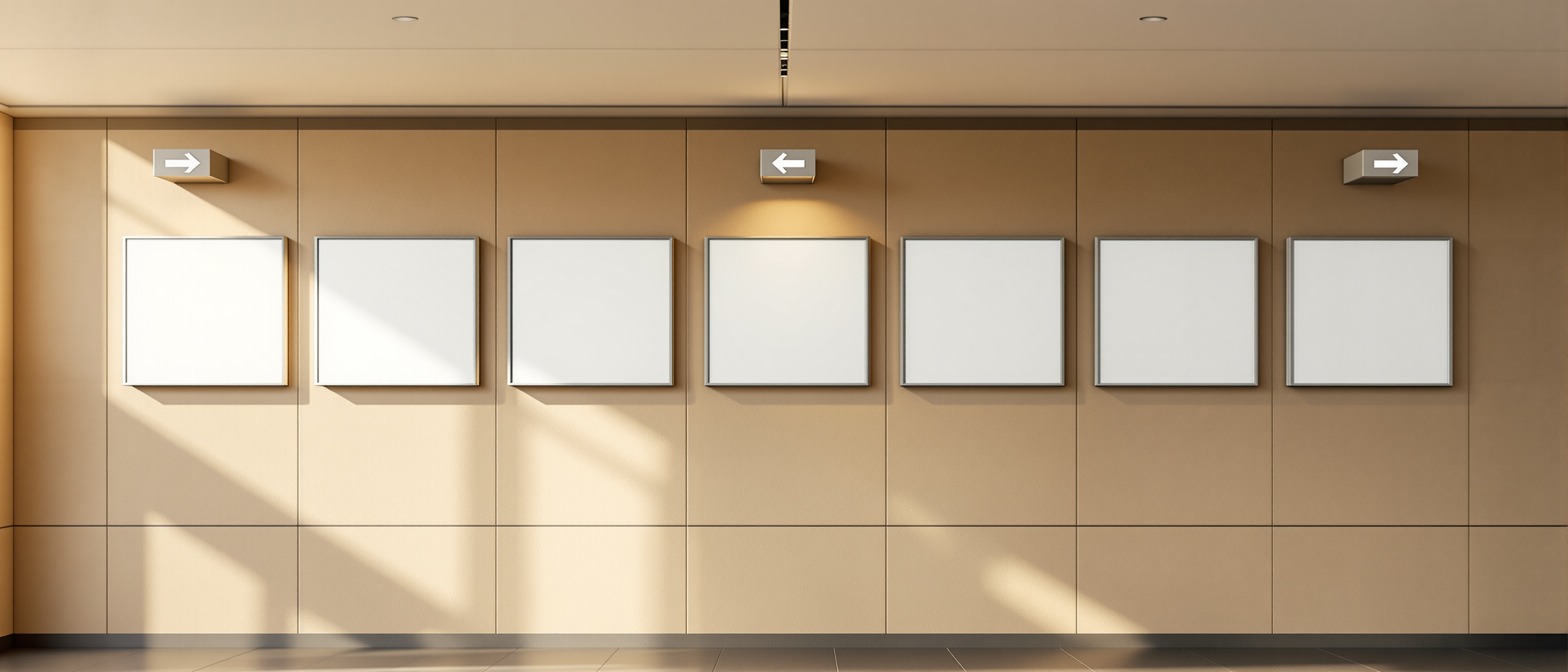 A clean modern public interior with a coordinated set of wall and overhead signage panels (blank faces), warm daylight, orderly and graphic, no legible text