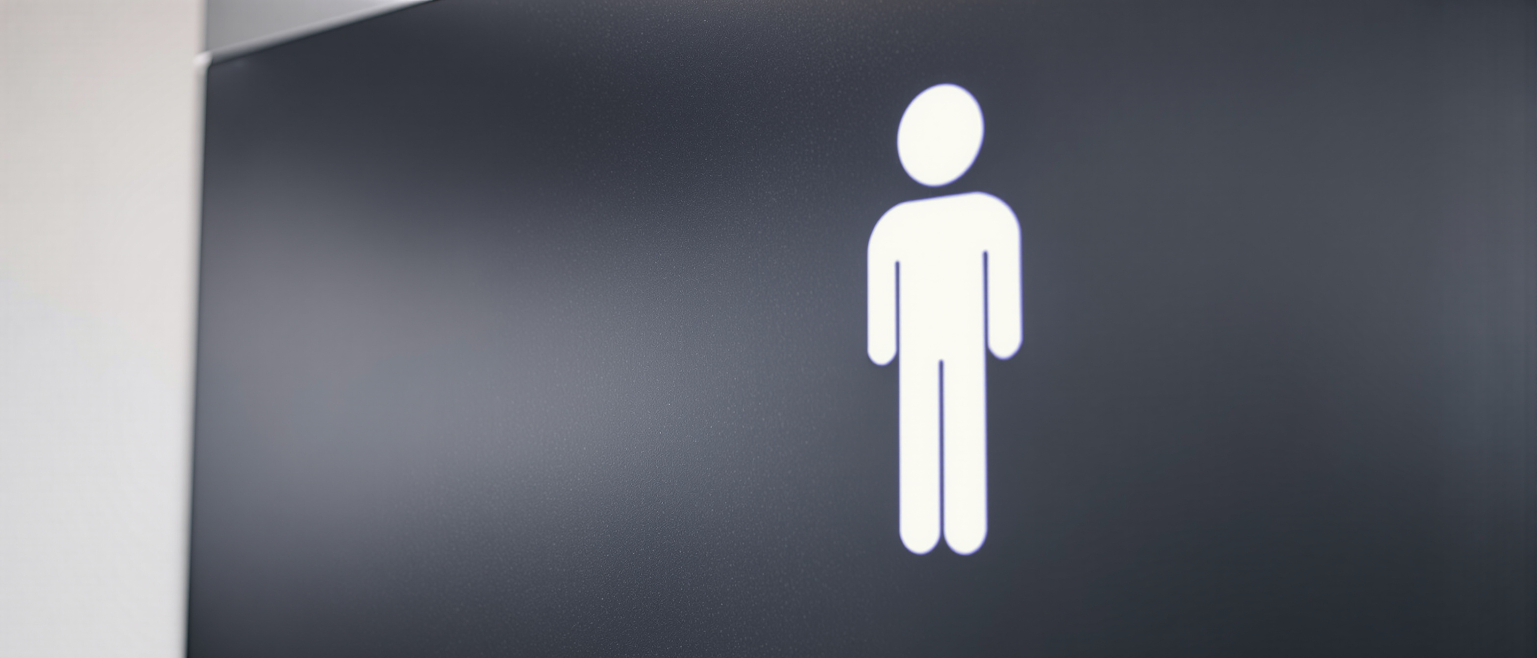 A close-up of a clean sans-serif signage panel and a standard pictogram in high tonal contrast (dark on light), crisp and graphic, no legible text