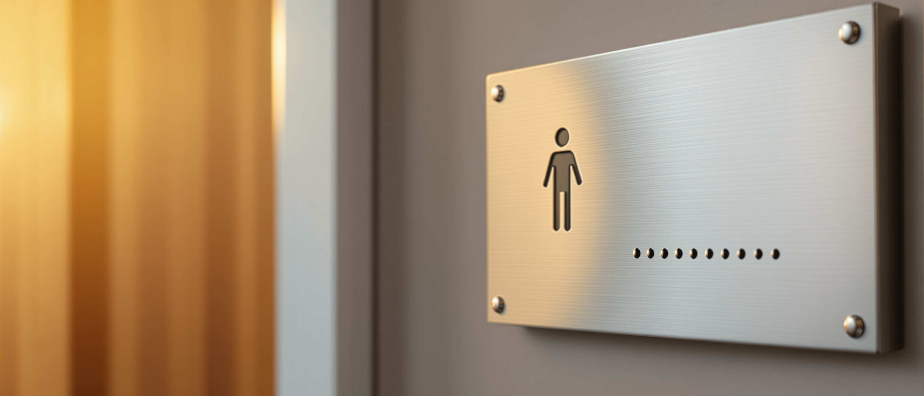 A close-up of a brushed-metal wall sign panel with a raised tactile pictogram and a non-glare matt finish beside a door, warm daylight, crisp and technical, no legible text