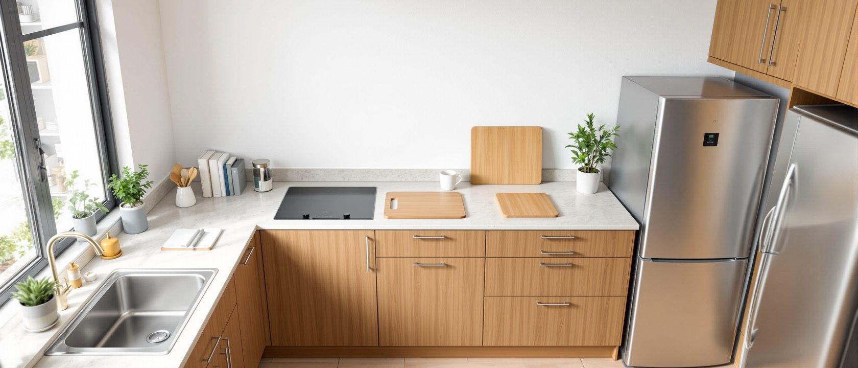 A well-planned compact kitchen from above: sink, hob and refrigerator arranged around a clear work aisle with daylight