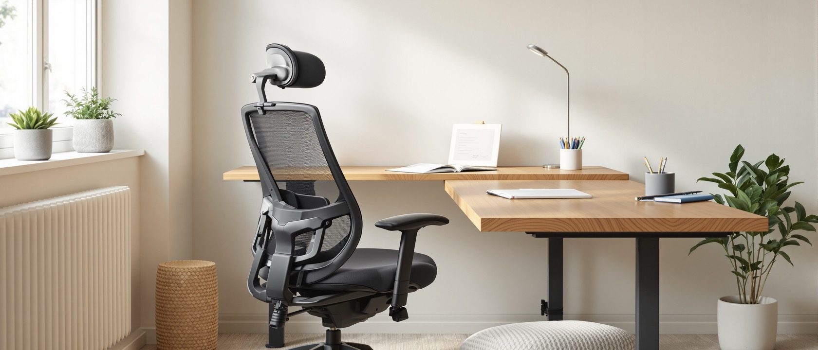 An ergonomic study corner: an adjustable task chair at a height-adjustable desk with a monitor at eye level and a footrest, in daylight