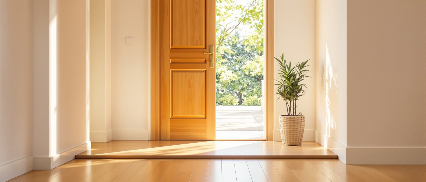 A gently sloped step-free entrance ramp with handrails at two heights beside a wide level doorway in warm daylight