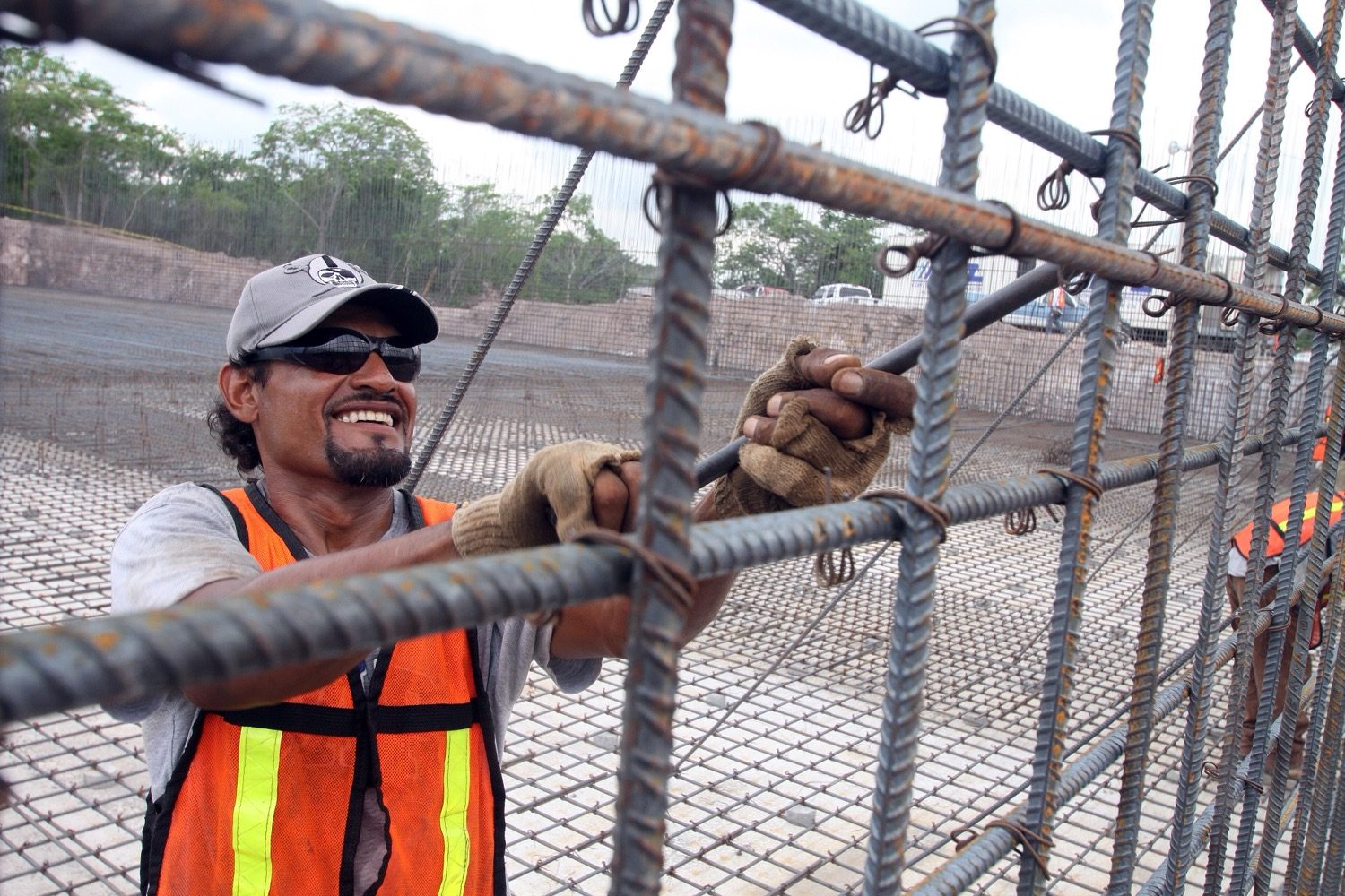 A beam reinforcement cage tied before concreting — steel bars positioned to take tension.