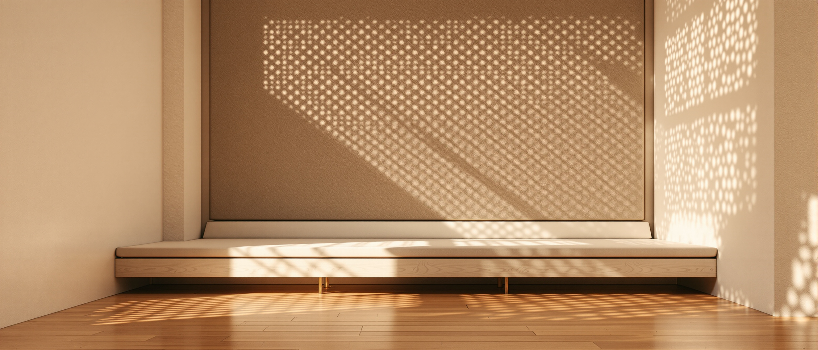 A sunlit interior where a deep shaded overhang and a jaali screen cast soft, even daylight without harsh direct sun, an acoustic panel wall behind, calm daylight, no text