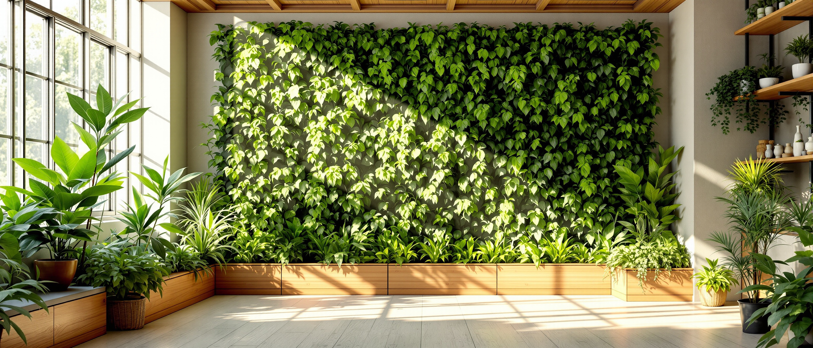 A bright, plant-filled sustainable interior with abundant daylight, natural materials and a green living wall, calm and airy, no text