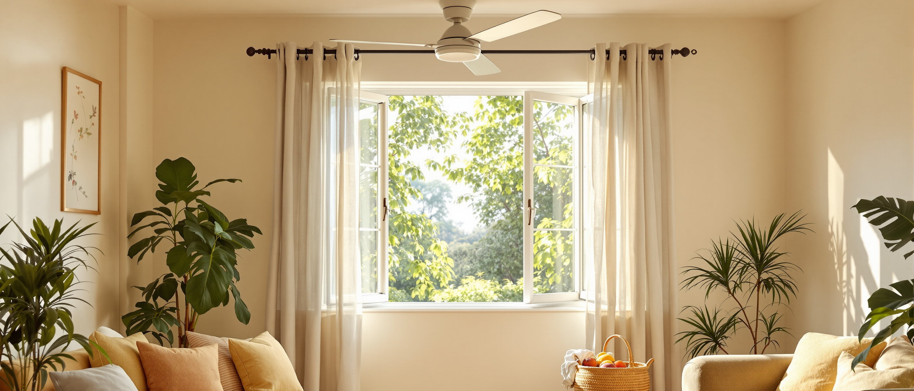 A naturally-ventilated Indian living room with an open window, a ceiling fan turning and light curtains lifting in a breeze, warm daylight, calm and airy, no text