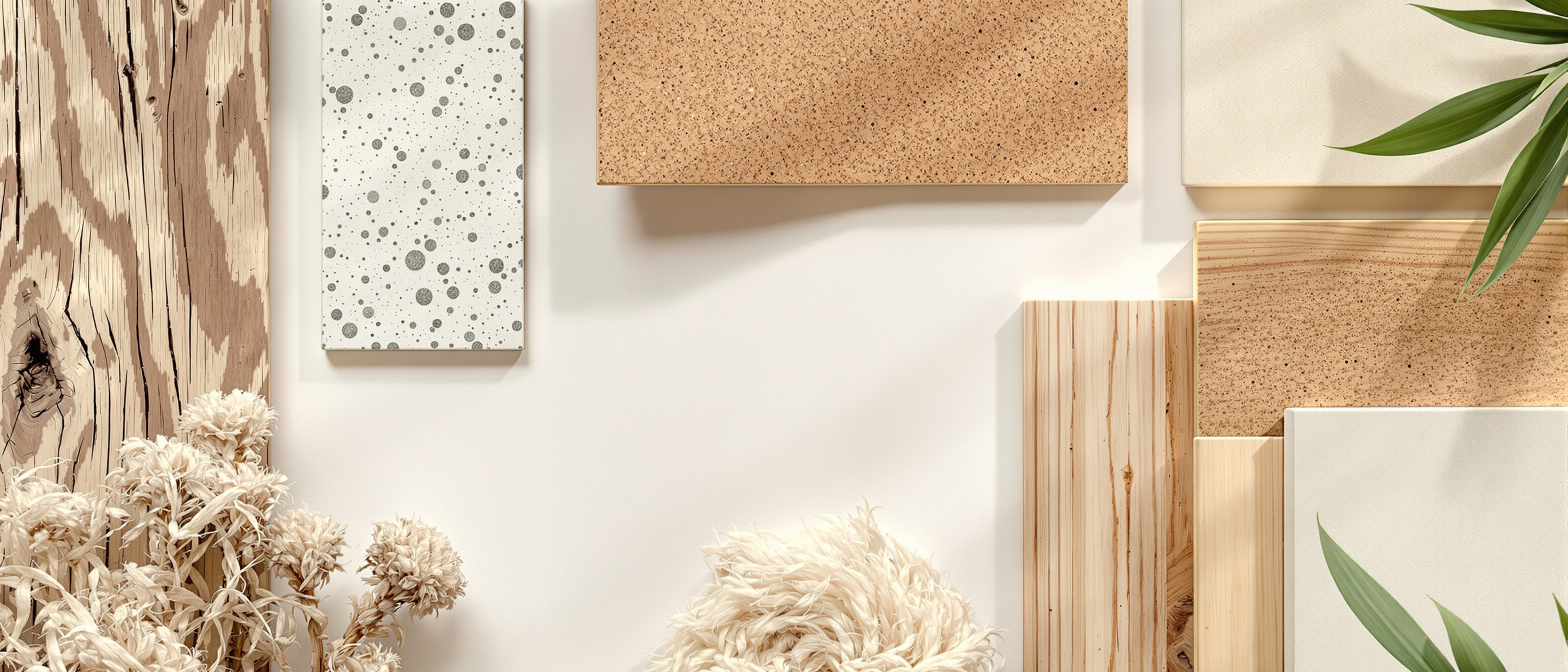 A flat-lay of sustainable interior material samples - reclaimed wood, cork, recycled-glass terrazzo, bamboo and a wool textile - on a pale surface in soft daylight, no text