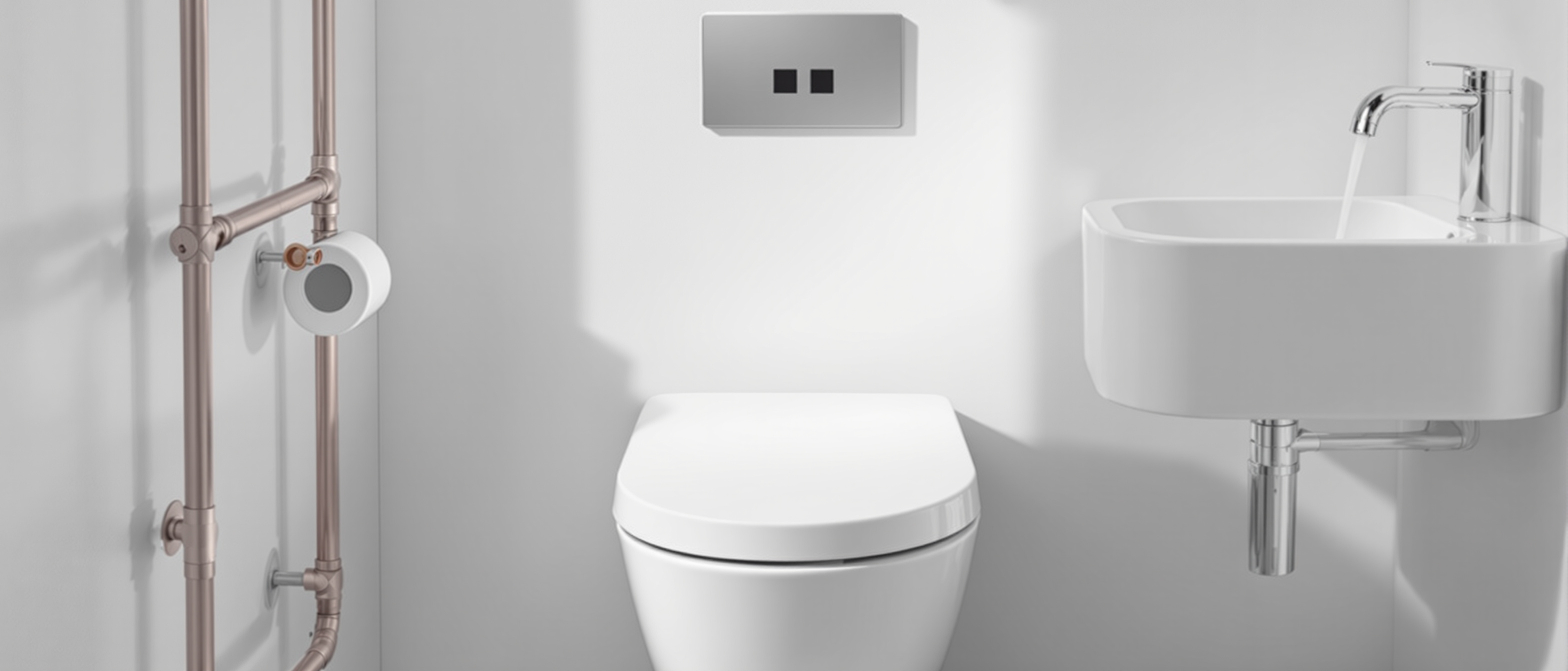 A clean modern bathroom with a dual-flush WC, a low-flow aerated tap and a rainwater-fed pipe detail, bright daylight, calm and technical, no text