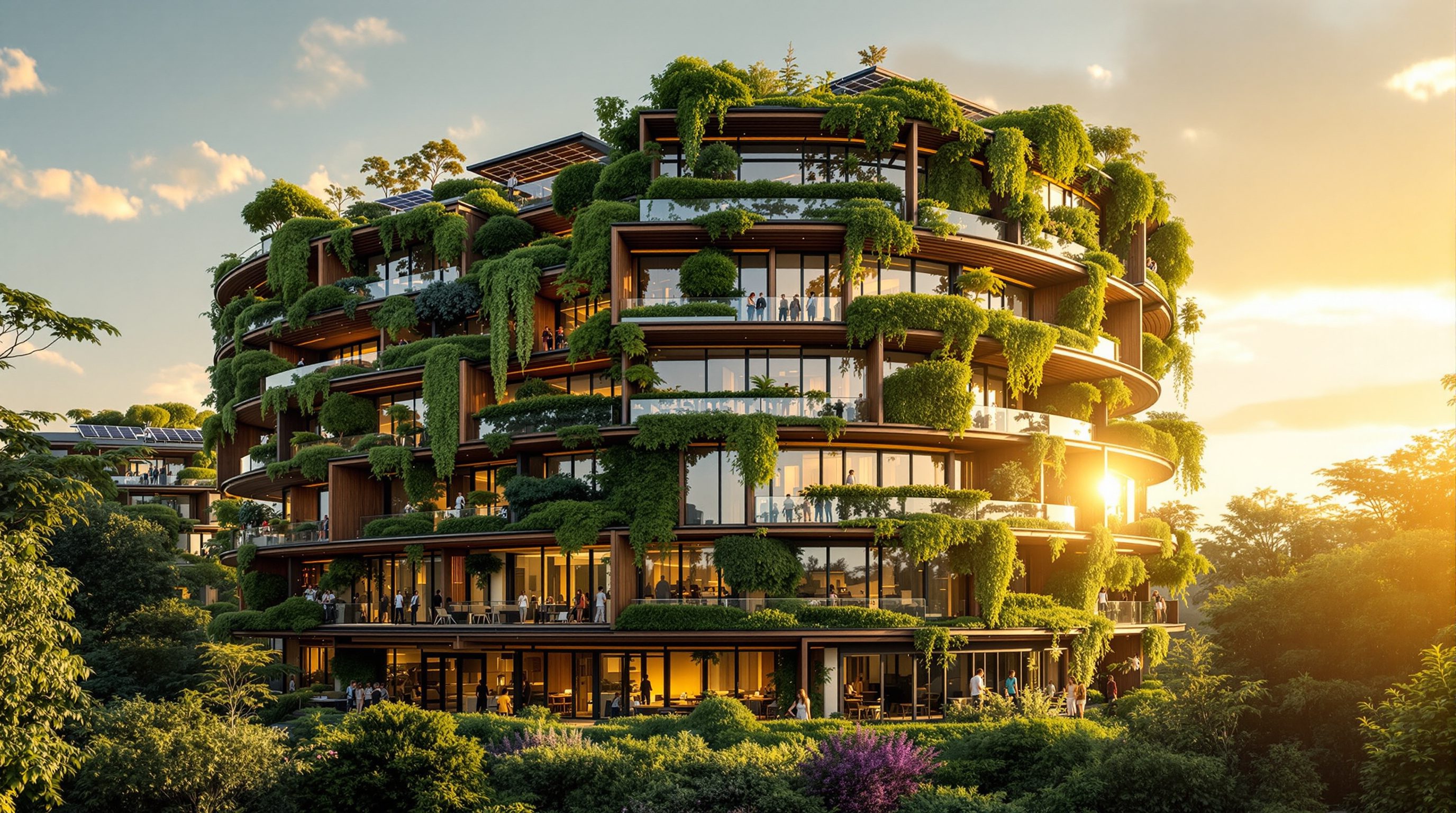 Digital twins and smart buildings — a modern building beside its glowing holographic digital twin of data and wireframe at blue hour