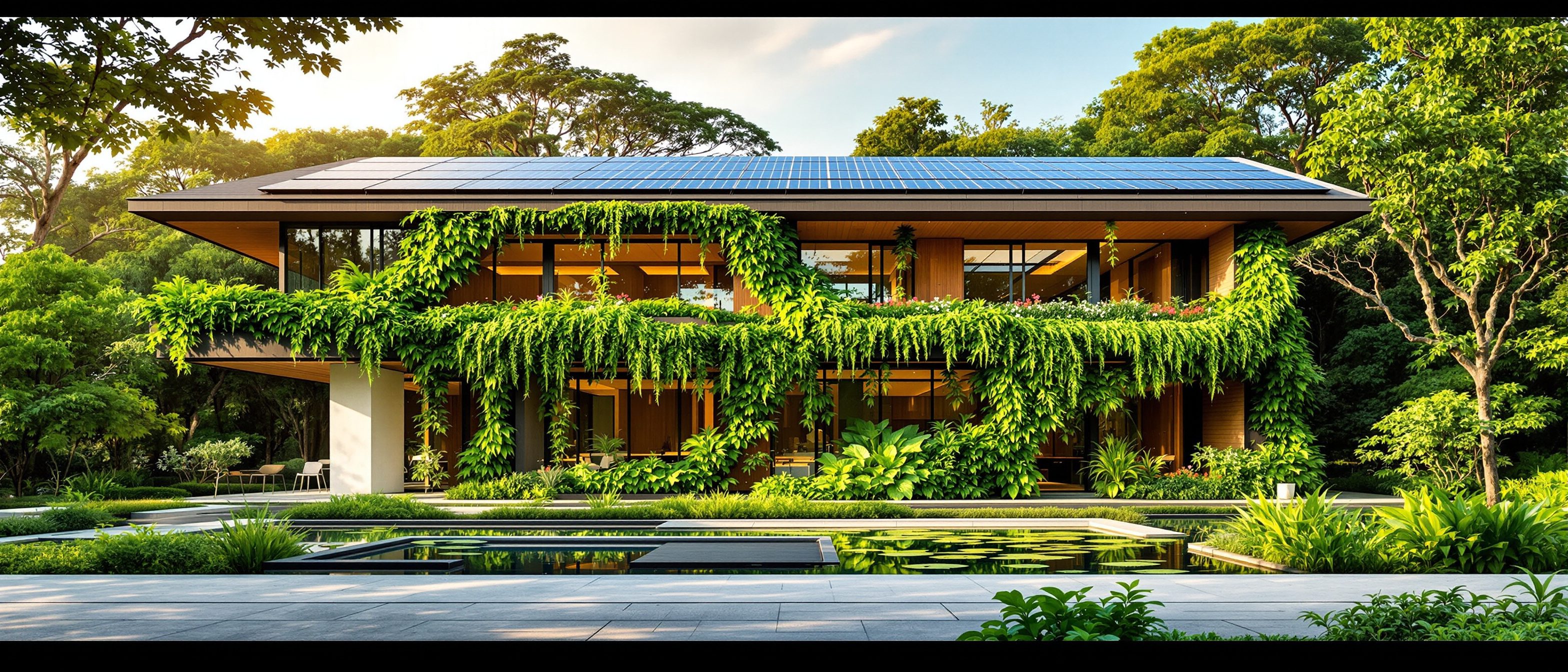 A modern sustainable building in India set among greenery — a low-rise structure with green terraces, solar panels on the roof and a rainwater pond, sun and trees around it, the architecture of living within the planet's means.
