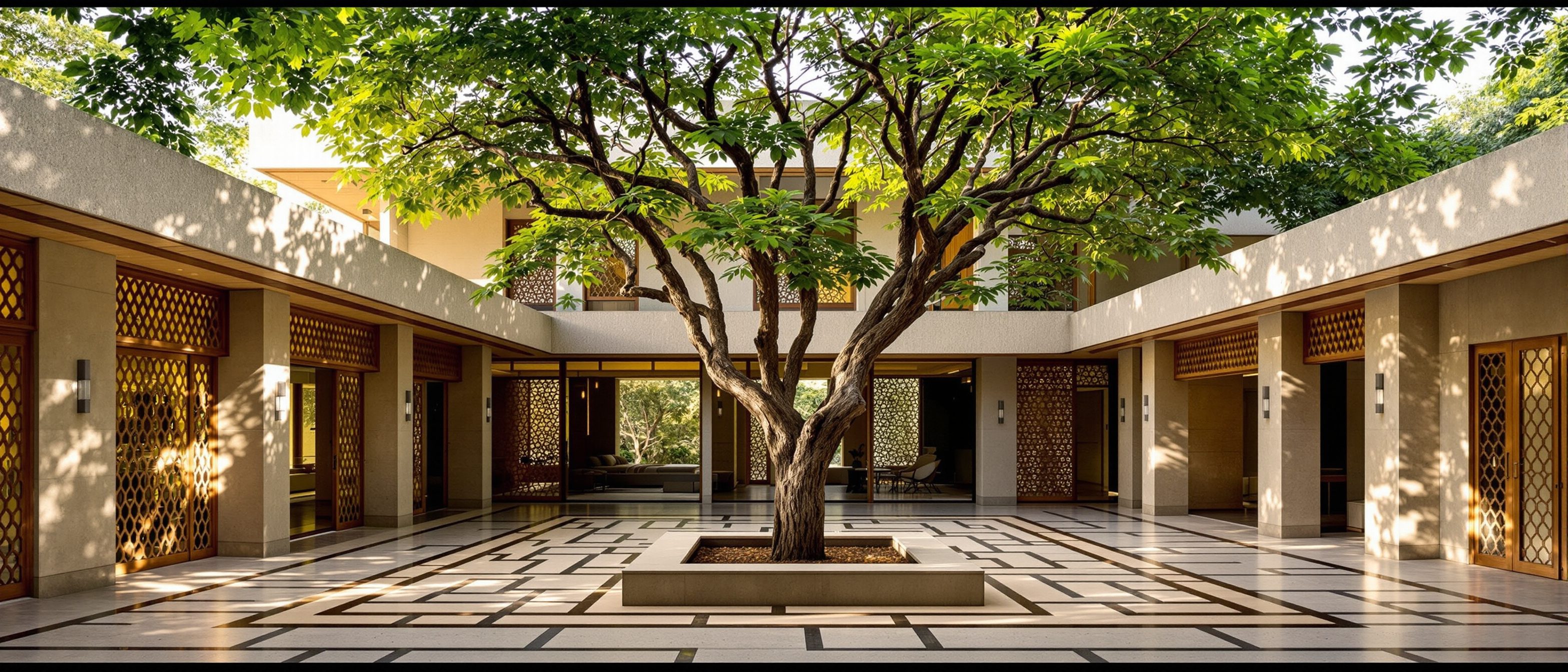 A passively designed Indian house — deep shaded verandahs and overhanging chajjas, a central shaded courtyard with a tree, jaali screens and high windows for cross-ventilation, comfortable without air-conditioning in the warm light.
