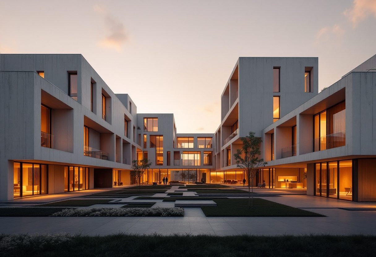 A building whose massing reads its parti — rooms around a courtyard.