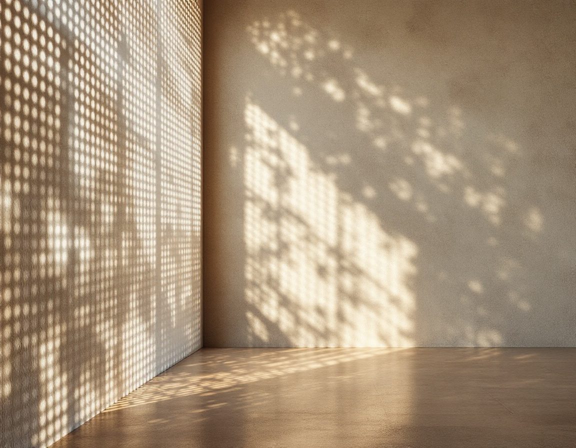 Light and shadow patterned through a screen — light as material.