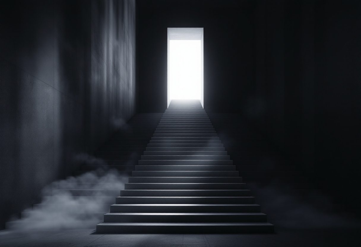 A stair rising to a threshold of light — the promenade.
