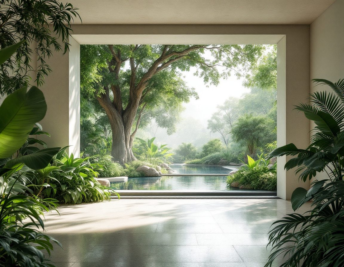An interior opening to greenery and water — the biophilic pull.