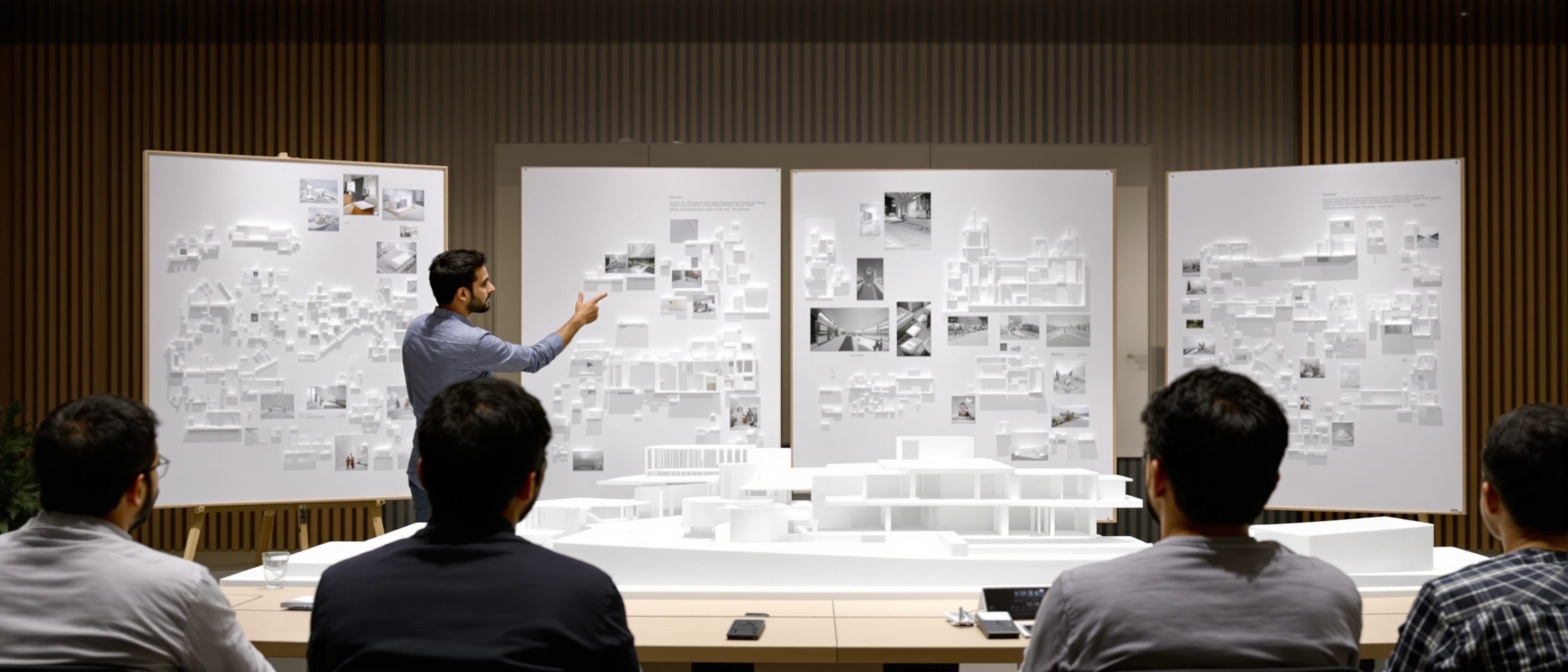 An Indian architecture student presenting their thesis at a final jury — large design boards and a model on display, a panel of jurors seated and listening, defending the project.