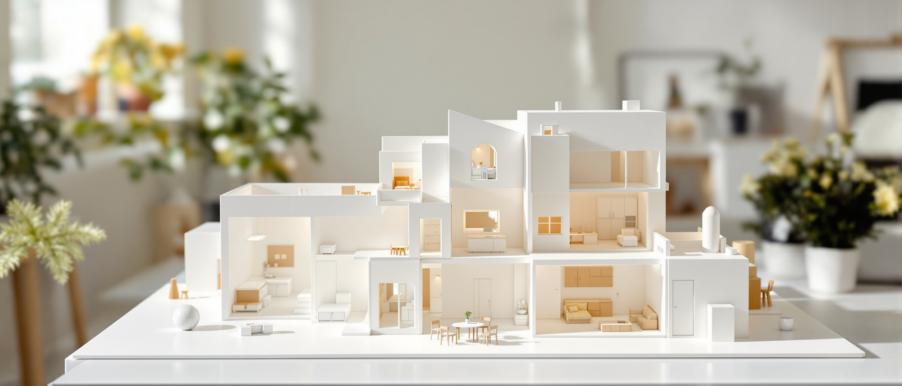 A physical scale model of a small transformable apartment with movable card partitions and miniature fold-out furniture on a desk, daylight, no text