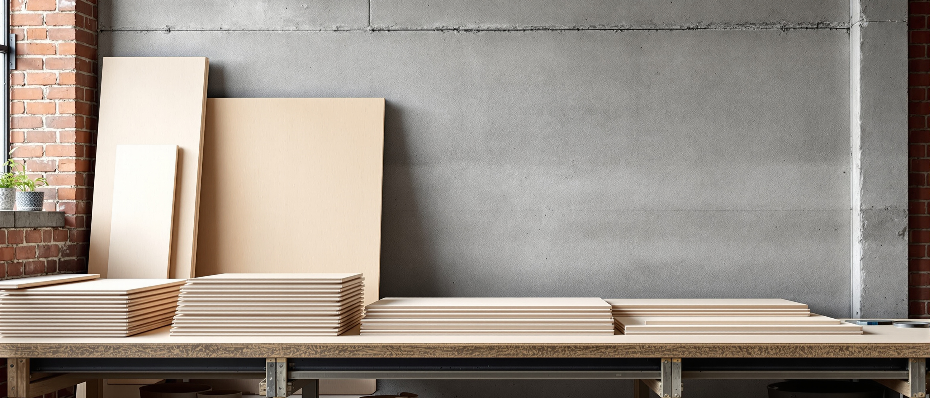 A stack of engineered plywood and aluminium-frame panels beside a heavy concrete-and-brick wall, showing light versus heavy materials, workshop daylight, no text