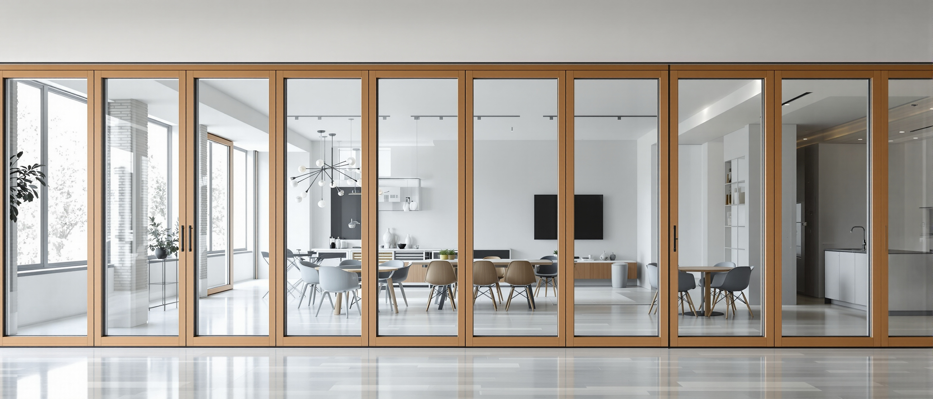 A large bi-fold folding partition of timber-framed panels concertinaed open between two rooms, soft daylight, clean and technical, no text