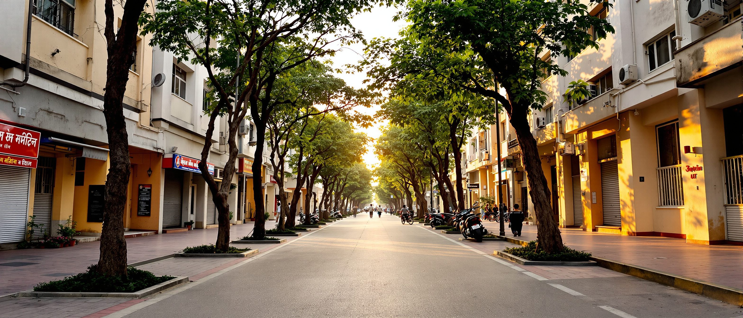 A pedestrian-scaled urban street seen at eye level — continuous building frontages enclosing a tree-lined public street with people walking, the buildings forming the walls of an outdoor room: urban design as the space between buildings.