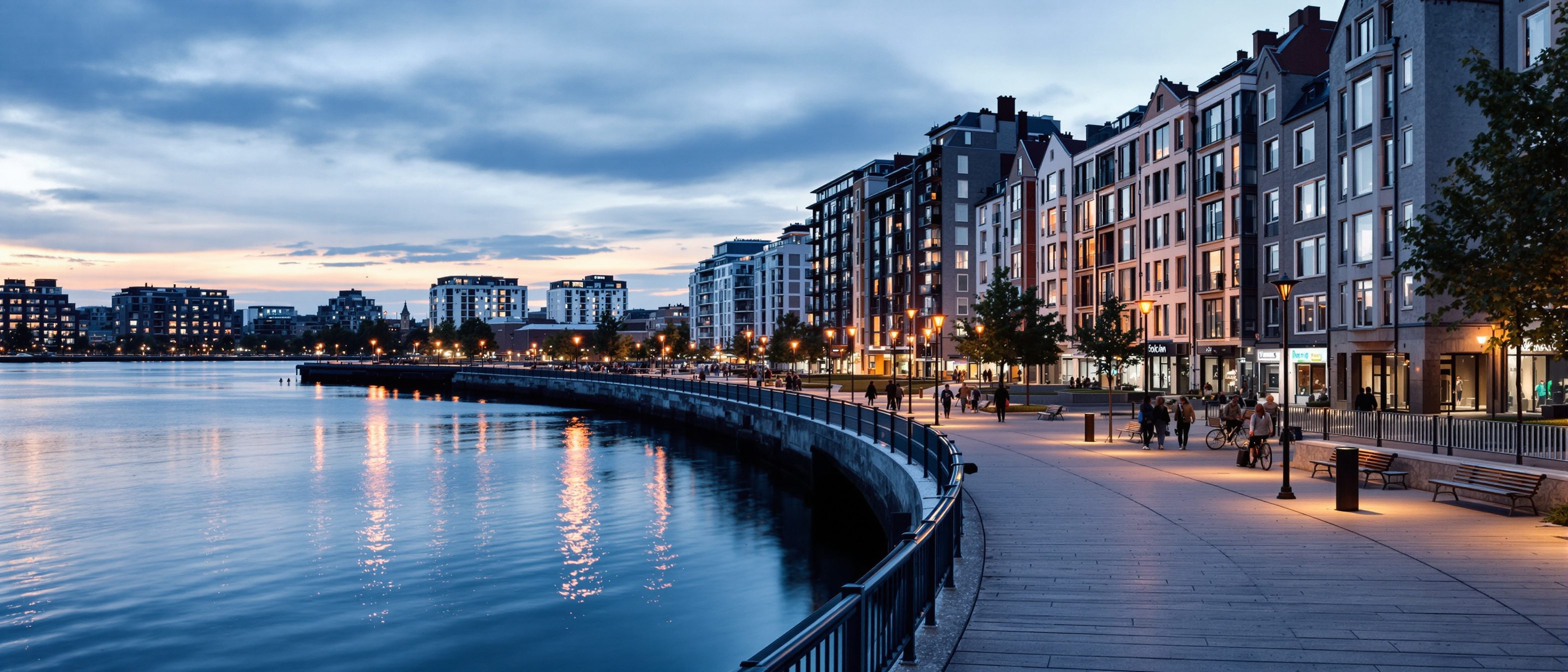 A regenerated urban waterfront promenade at dusk — a restored heritage building reused beside new mixed-use blocks, a wide pedestrian walkway with people strolling and cycling along the water: urban redevelopment that keeps memory and adds life.