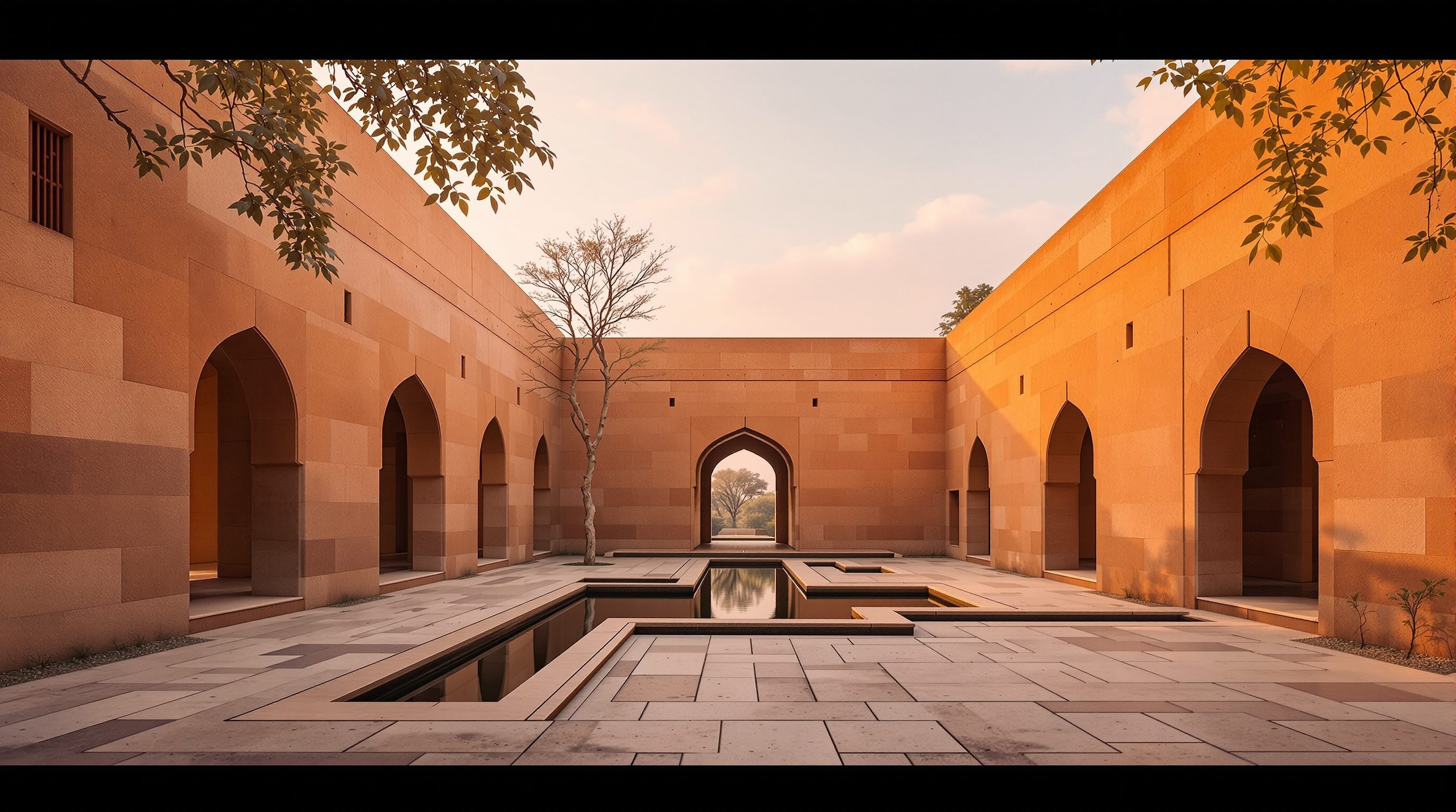 A sunlit sandstone courtyard house with a north-east water channel — the building science under Vastu