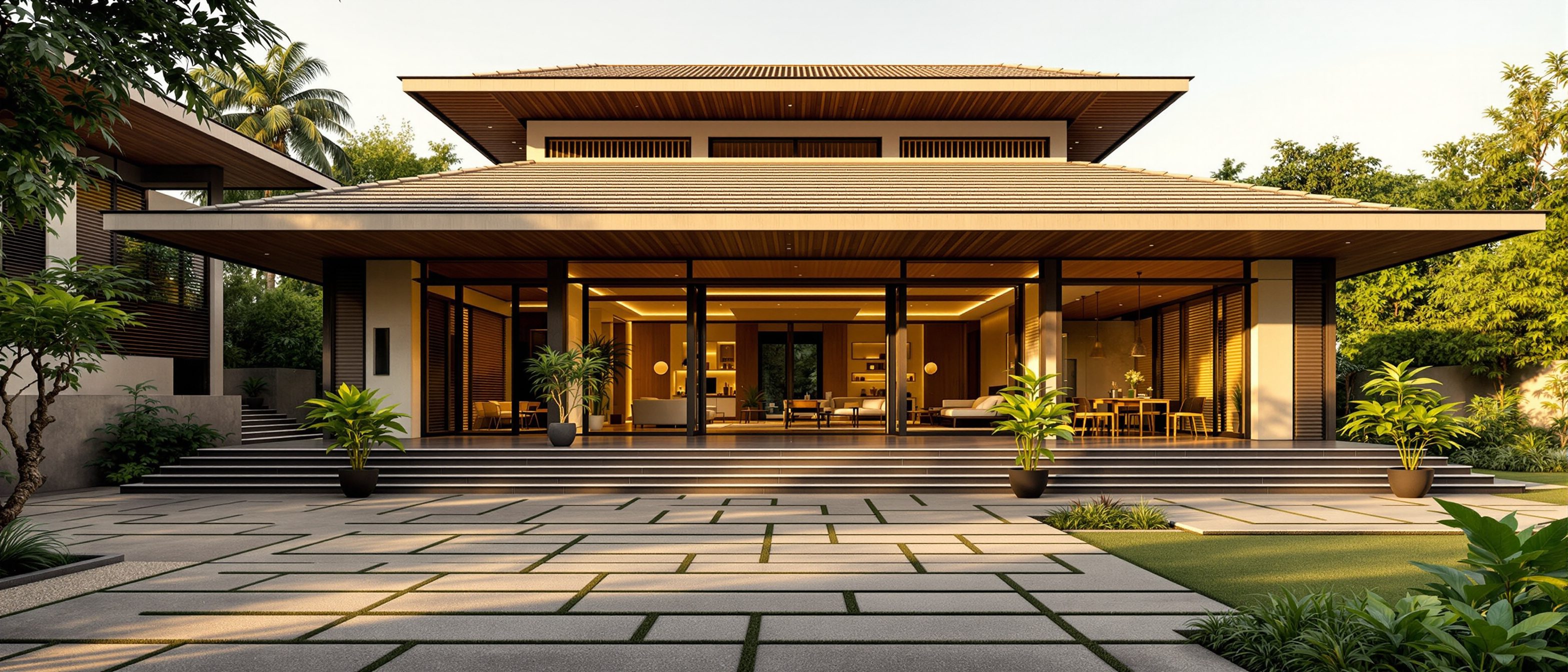 A contemporary Indian home with deep eaves, wide shaded verandahs and climate-responsive openings — the tradition's spatial wisdom recovered as passive design, free of the belief layer.