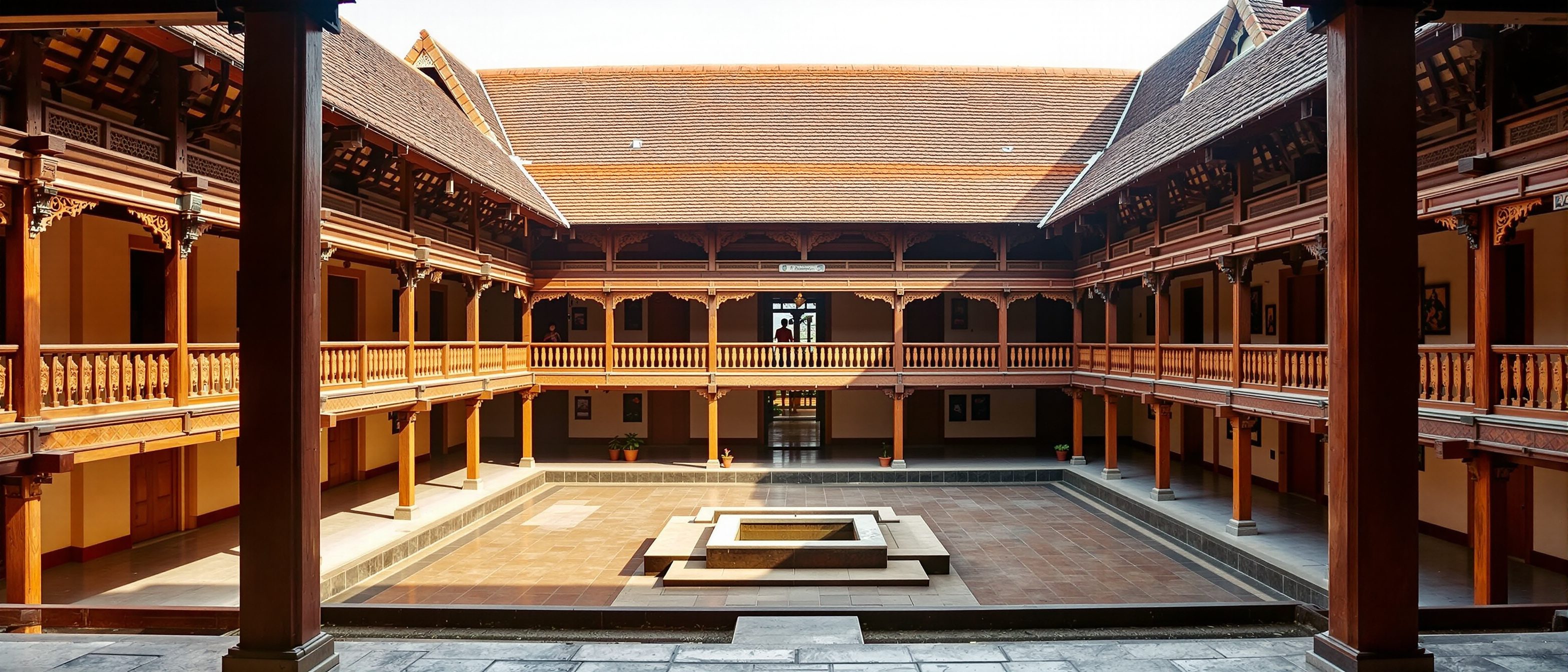The central courtyard of a traditional Kerala nalukettu — timber galleries around an open-to-sky court that lights, ventilates and drains the deep plan.