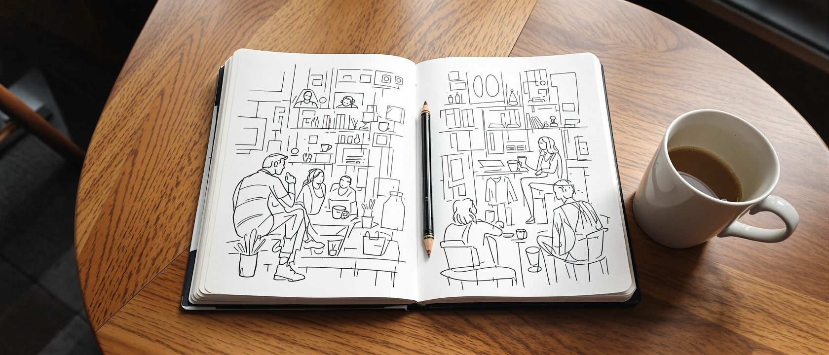 An open sketchbook on a café table filled with loose gesture drawings of people and a coffee cup, a pencil resting in the gutter, a real cup beside it, warm daylight — a daily observational drawing practice, no people in frame, no legible text.