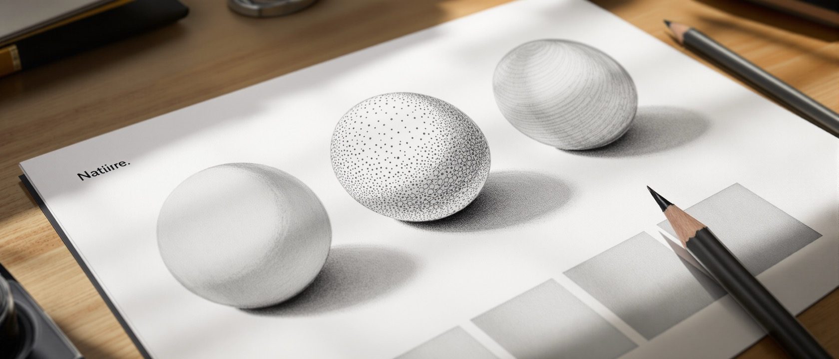 A drawing sheet of shading studies — a sphere rendered in cross-hatching beside a stippled sphere and a smudged sphere, and a stepped pencil value scale, with a graphite pencil and an ink pen alongside, warm daylight, no people, no legible text.