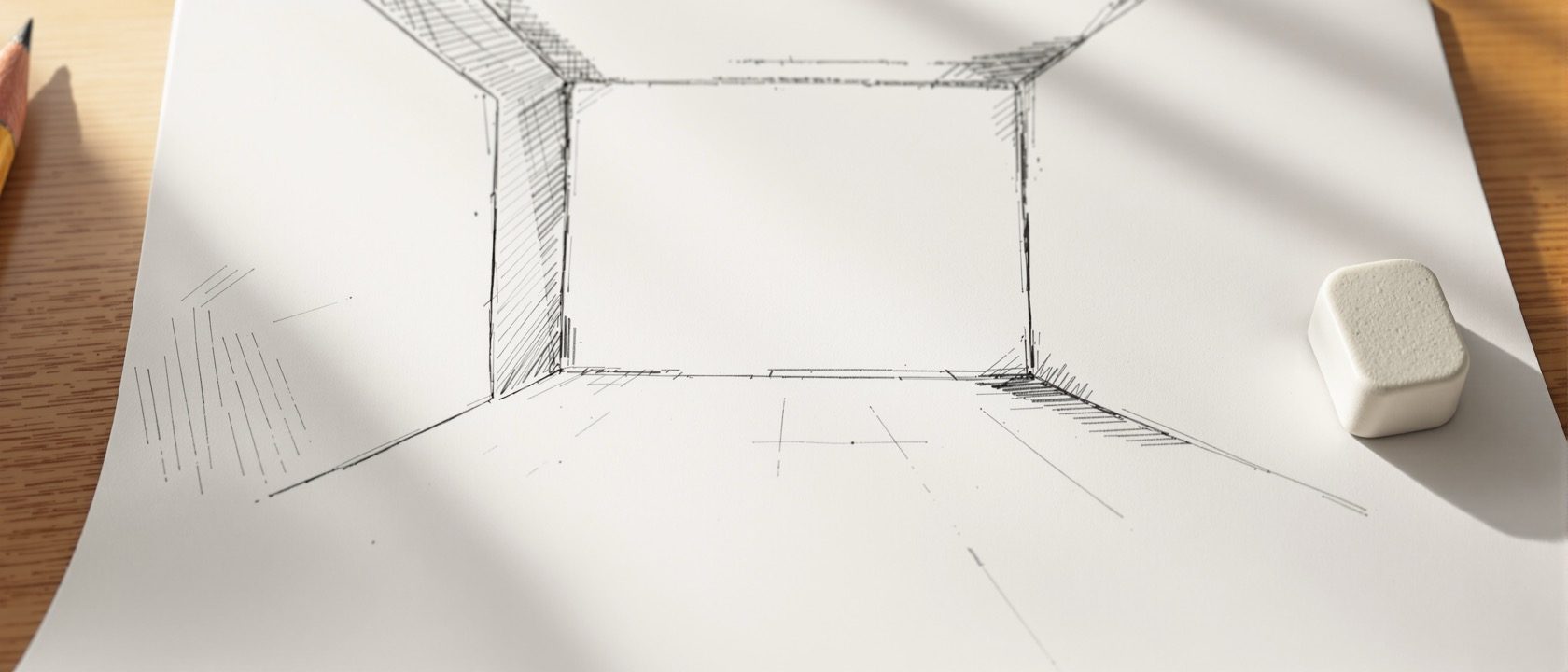 A freehand perspective sketch of an empty room interior in pencil on white paper — receding walls, a floor and a window converging toward a vanishing point on a drawn horizon line — with a pencil and a kneaded eraser alongside, warm daylight, no people, no legible text.