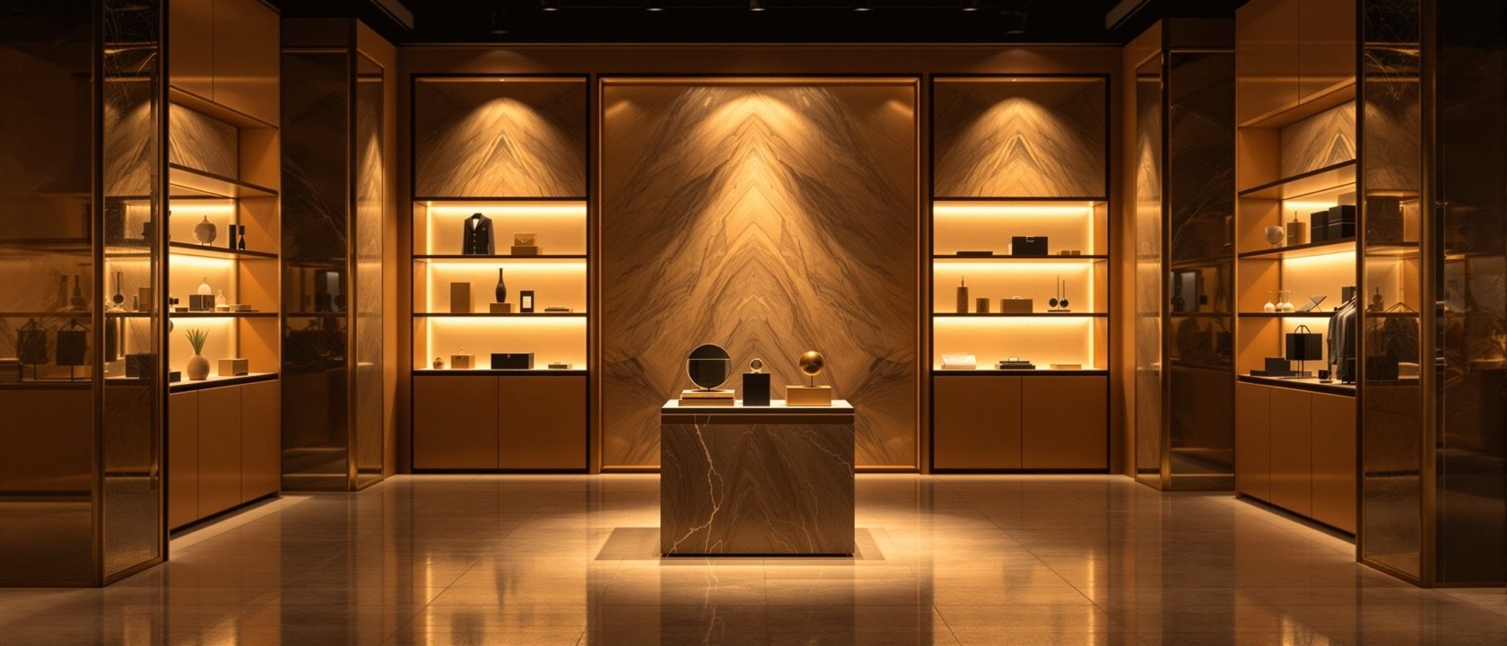 A warmly lit boutique interior focused on atmosphere, accent spotlights picking out a single styled focal display of wordless objects, no signage, no legible text