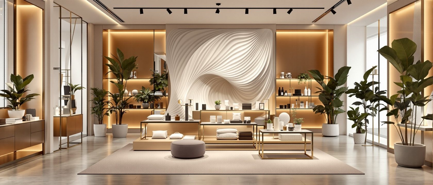 A beautifully designed concept boutique interior with a bold display feature and styled wordless product on sculptural fixtures, warm dramatic lighting and plants, no signage, no legible text