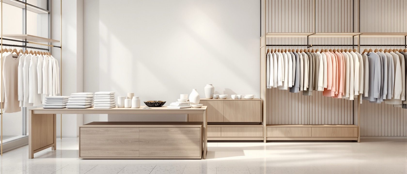 A clean, elegant retail display fixture, a table and gondola neatly arranged with folded clothing, plain shoes and ceramics, crisp display lighting, no labels, no legible text