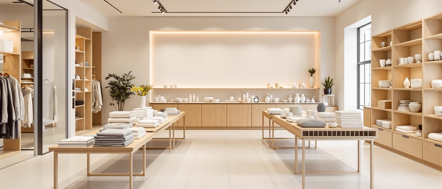 A bright, elegant modern store interior seen down a clear central aisle, a striking feature display wall to one side, warm layered lighting, no signage, no legible text