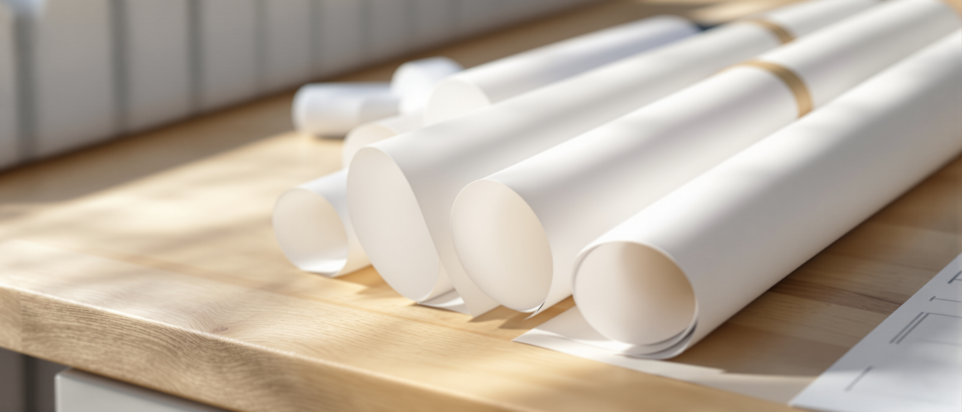 A neat fan of rolled-up white architectural drawing sheets, tied, lying on a clean wooden studio desk in soft daylight, the rolls closed, no text