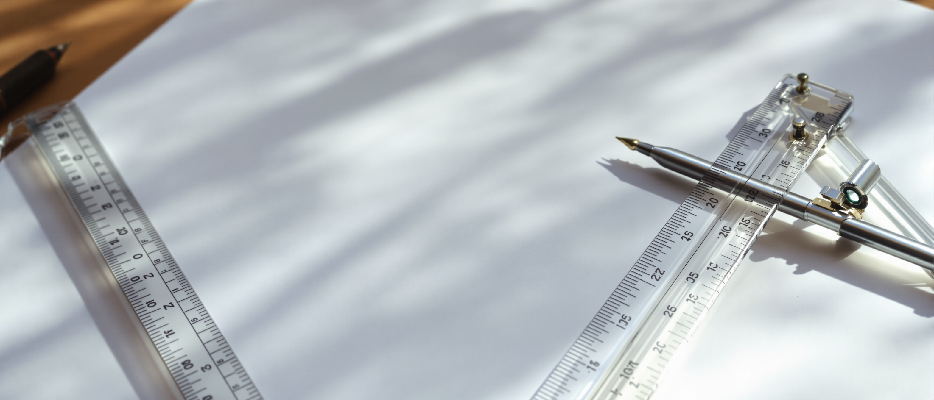 A set of drafting instruments — a technical pen, a compass, an adjustable set-square and a triangular scale ruler — arranged on a blank white drawing board in even daylight, no text