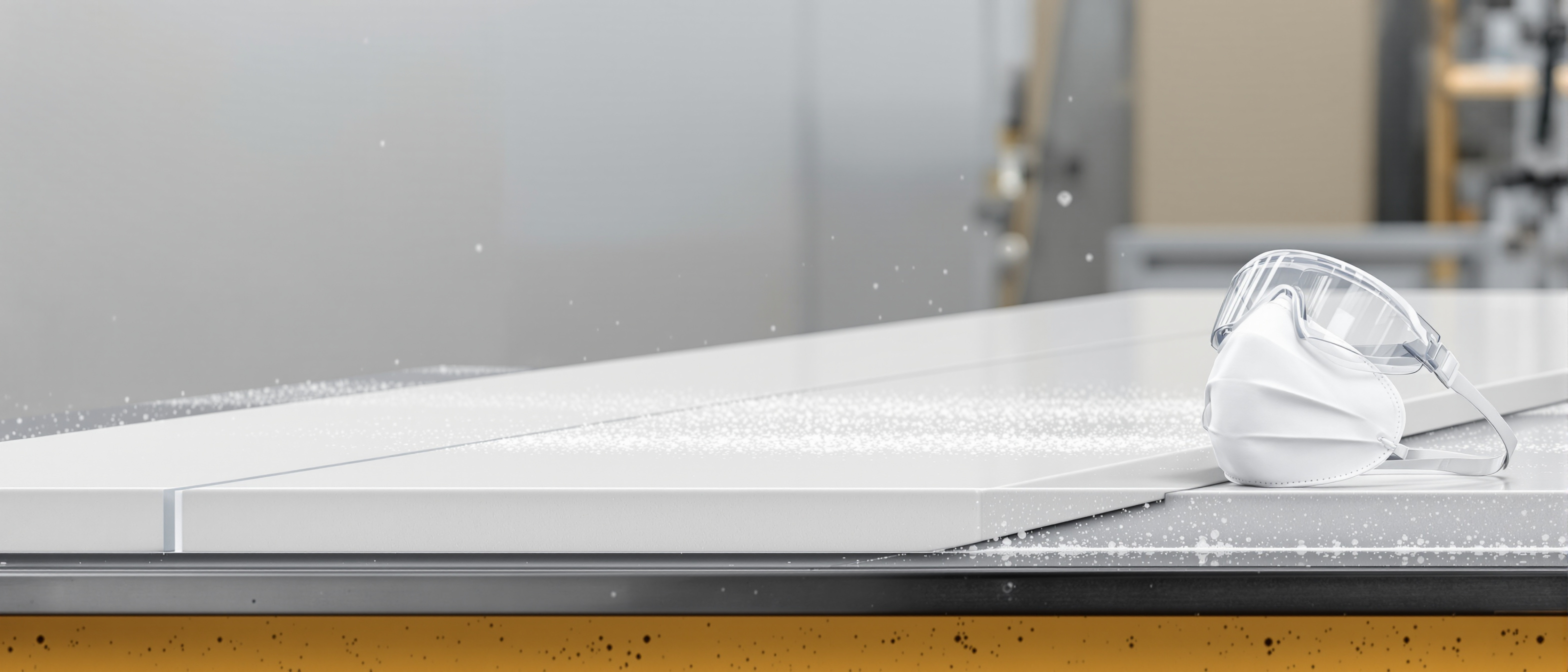 A wet-cutting workshop scene — a slab of pale composite surface on a bench with water running at the cut line and clean protective gear laid ready, cool daylight
