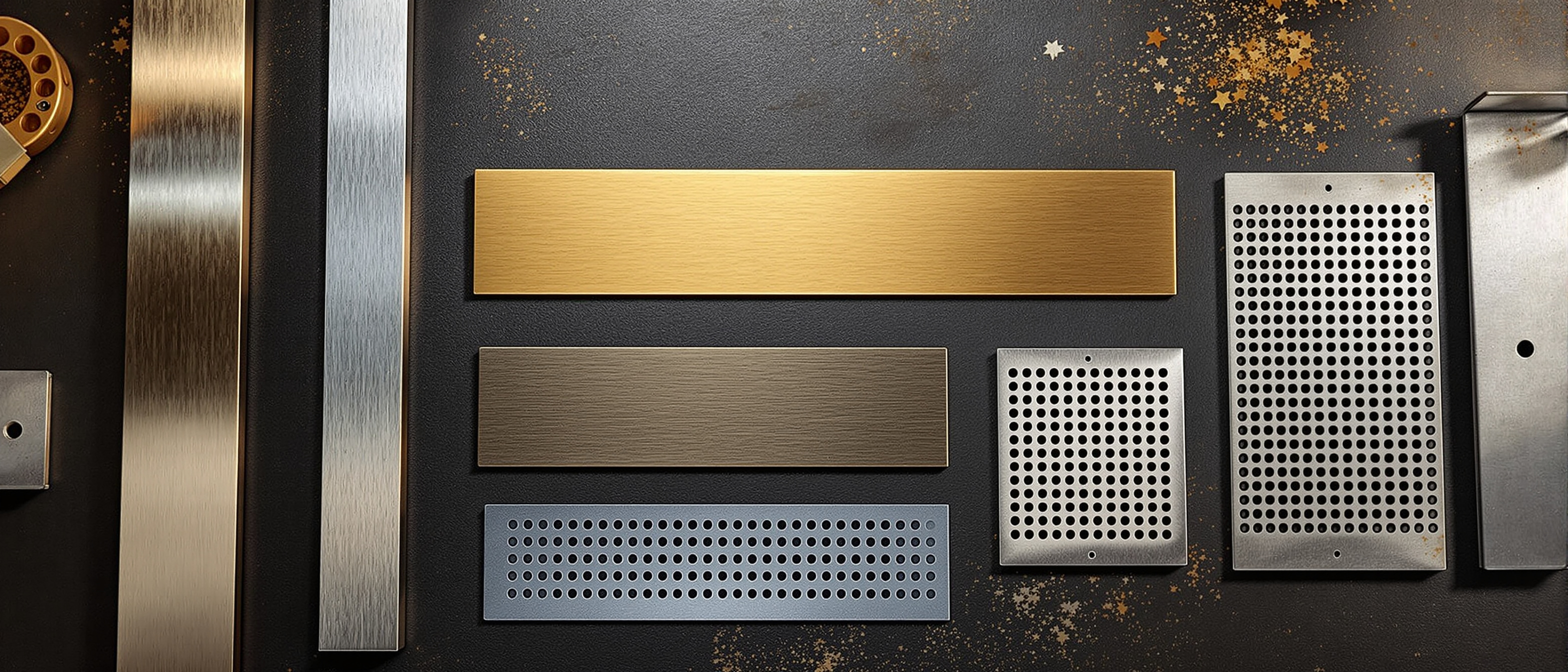 A metalwork bench with brushed-steel, brass and galvanised offcuts and a laser-cut metal screen sample catching warm workshop light