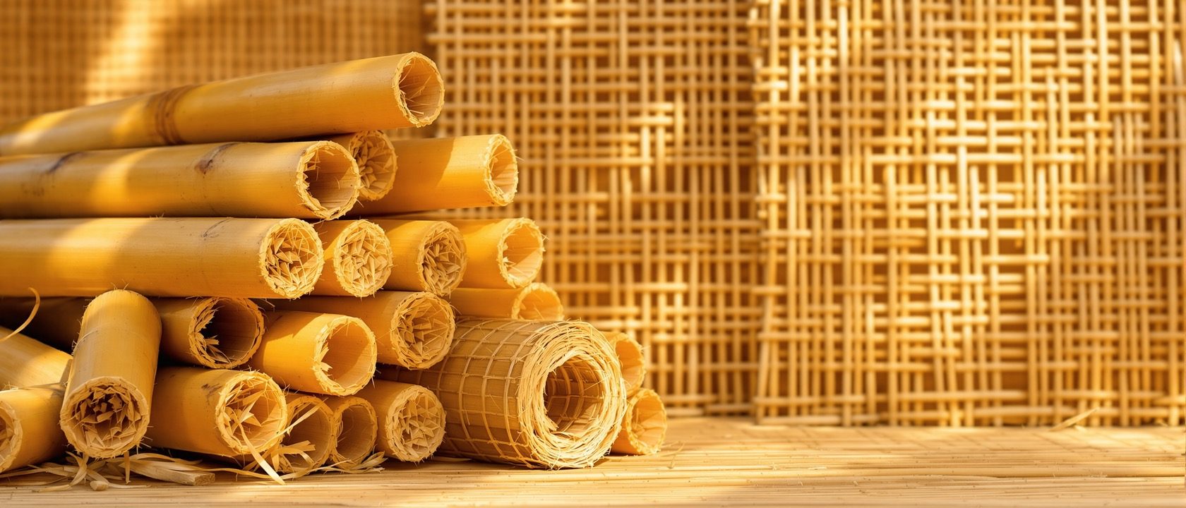 A close-up of treated golden bamboo culms stacked beside a coil of split rattan cane and a hand-woven cane webbing panel, warm daylight, natural fibres and nodes visible