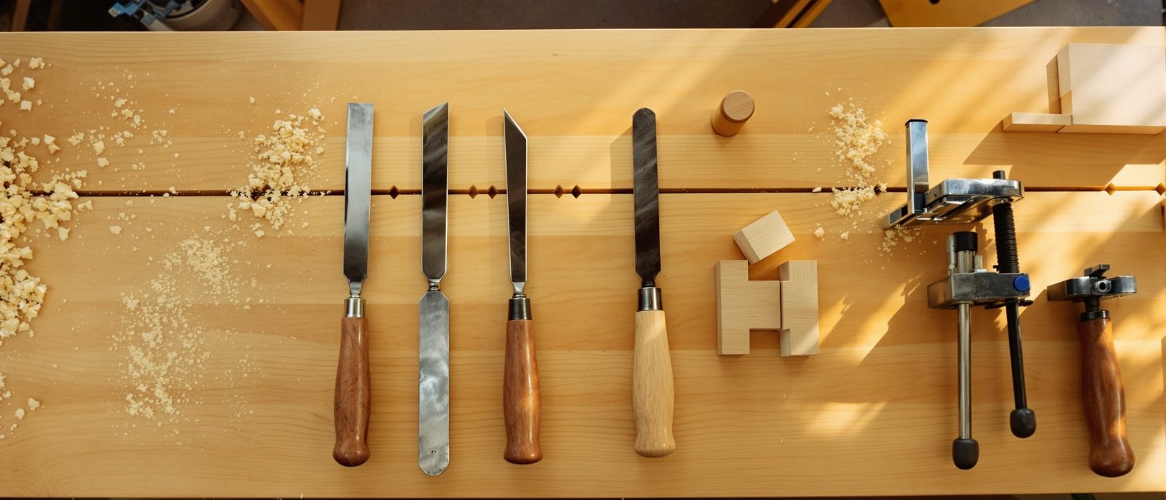 A tidy woodworking workbench with hand tools — chisels, a mallet, a hand plane and clamps — laid out beside a half-cut mortise-and-tenon joint, warm raking light from a workshop window