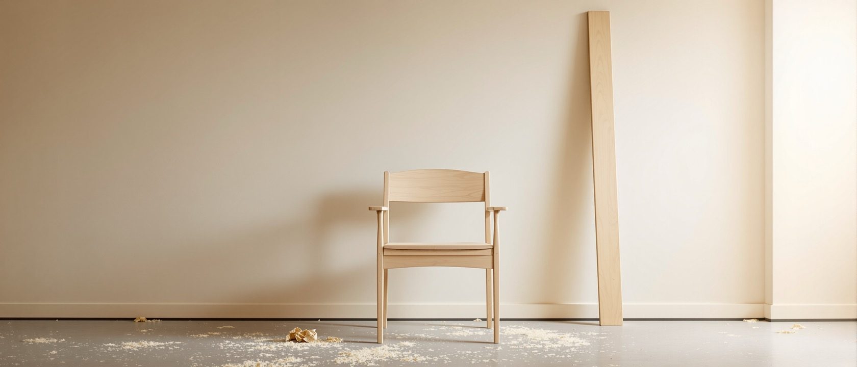 A full-size timber chair mock-up standing beside a workbench with a long marked setting-out rod and a folding rule, warm workshop light, curls of wood shaving on the floor