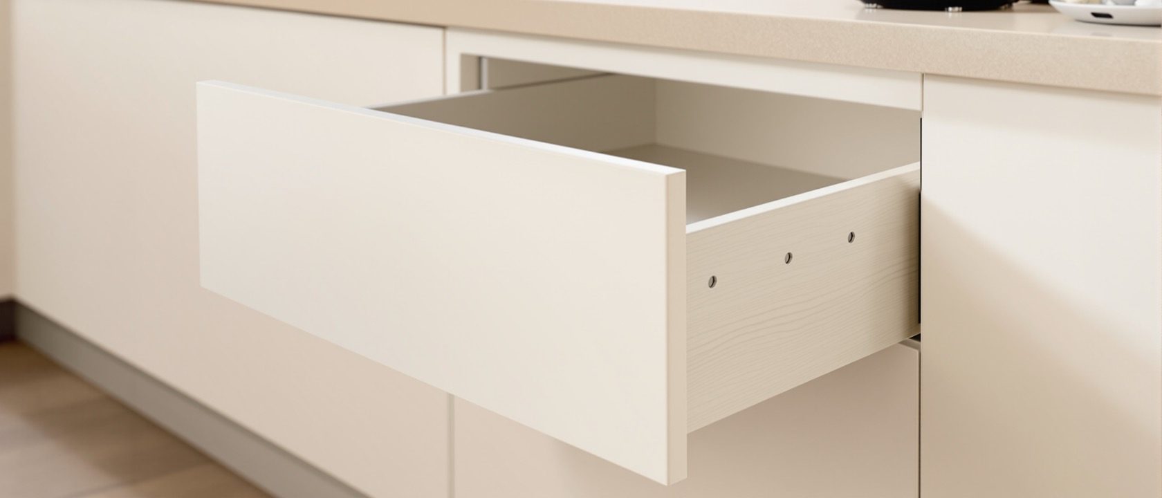 An open modular kitchen cabinet carcass in pale laminated board with a soft-close drawer pulled out on undermount runners and a row of shelf-pin holes down the side panel, clean daylight