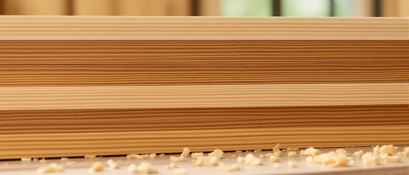 A stack of freshly planed hardwood boards of varying warm tones on a workshop bench, end grain and growth rings catching soft window light, wood shavings scattered