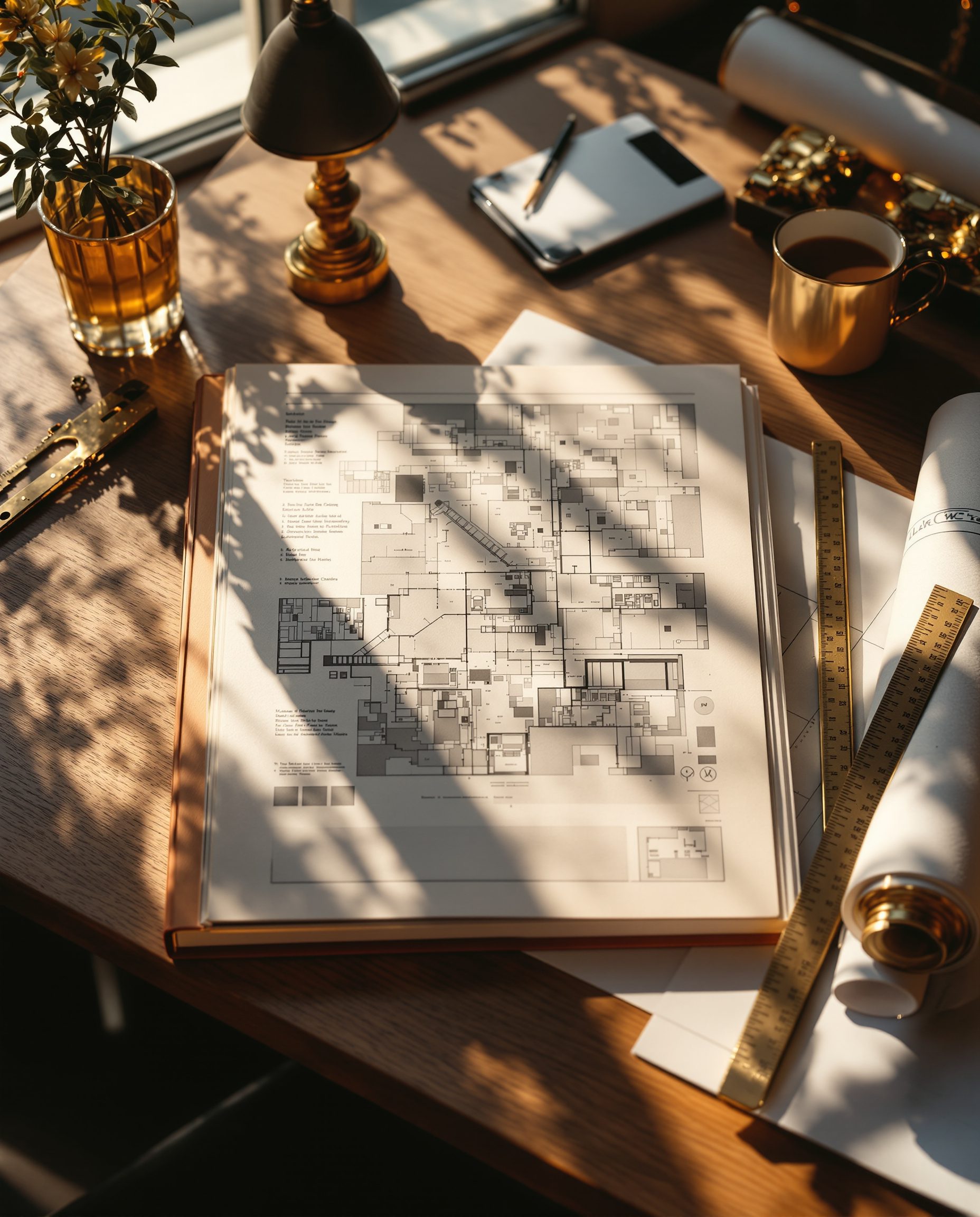 An architect's desk at dawn — an open monograph, a scale rule, a rolled drawing and a cup of chai in raking morning light